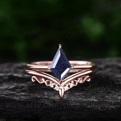Kite cut blue sandstone ring for women vintage unique solitaire blue sandstone engagement ring set 14k rose gold moissanite wedding ring set