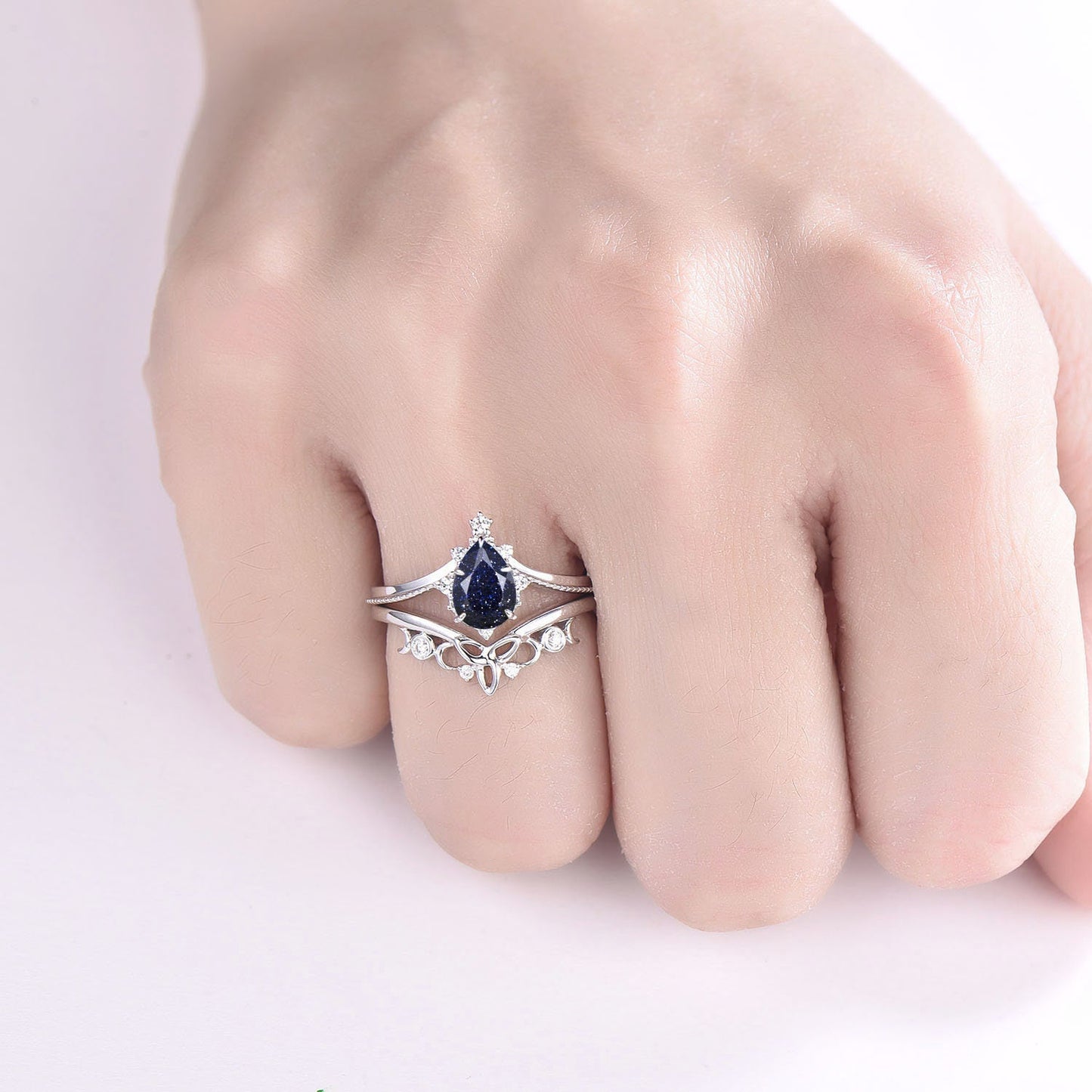 Pear shaped blue sandstone engagement ring set 14k white gold vintage unique engagement ring dainty moissanite wedding ring set for women