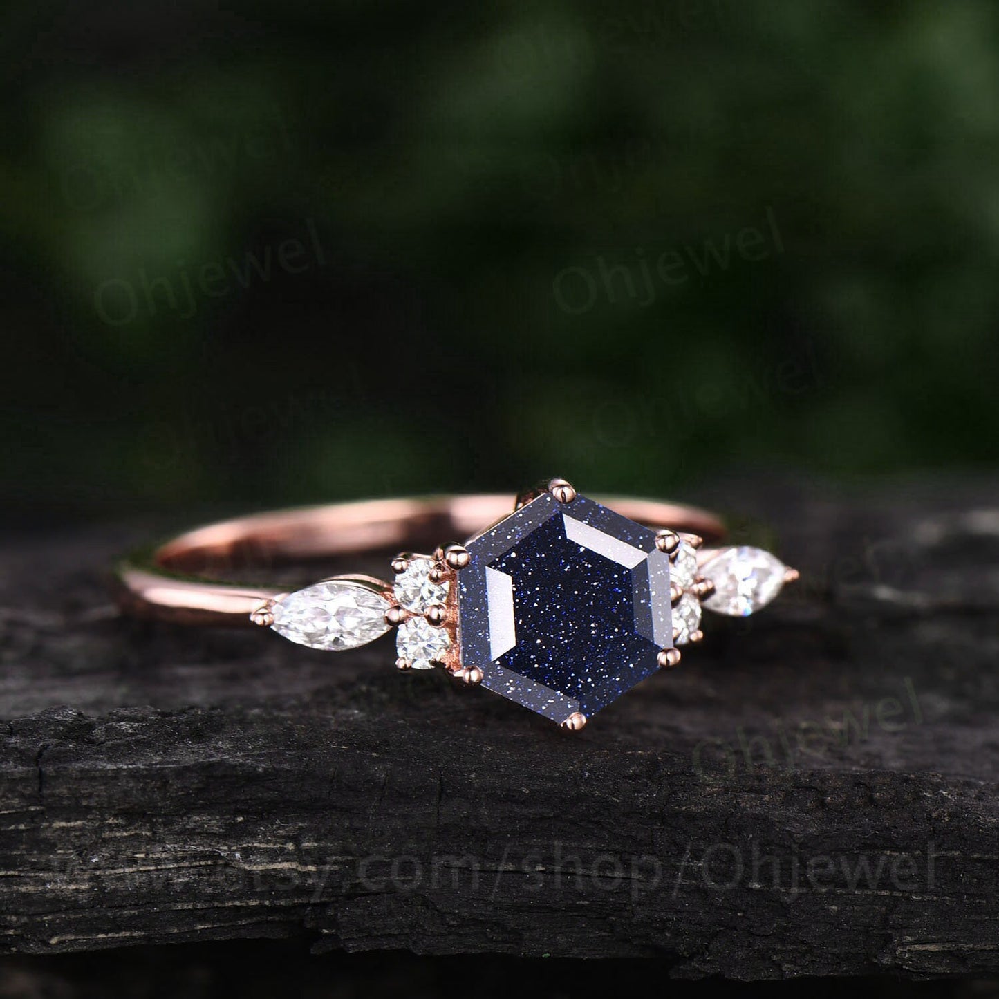 Vintage hexagon blue sandstone engagement ring art deco 14k rose gold silver 7 stone moissanite ring for women wedding anniversary ring gift