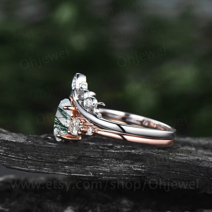 Oval green moss agate engagement ring set five stone rose gold silver vintage unique engagement ring Minimalist moissanite ring set women