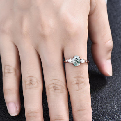 Oval green moss agate engagement ring set five stone rose gold silver vintage unique engagement ring Minimalist moissanite ring set women