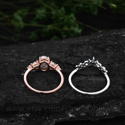 Oval green moss agate engagement ring set five stone rose gold silver vintage unique engagement ring Minimalist moissanite ring set women
