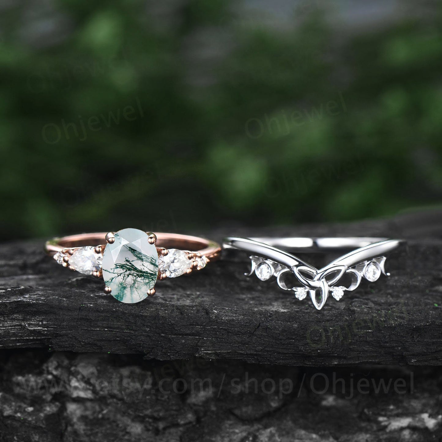 Oval green moss agate engagement ring set five stone rose gold silver vintage unique engagement ring Minimalist moissanite ring set women
