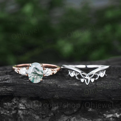 Oval green moss agate engagement ring set five stone rose gold silver vintage unique engagement ring Minimalist moissanite ring set women