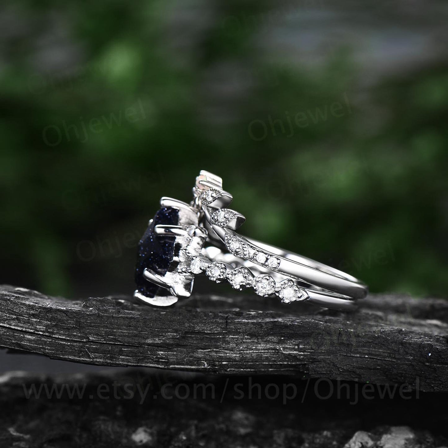 Unique kite shaped blue sandstone engagement ring set 14k white gold silver vintge moissanite ring antique leaf flower opal ring for women