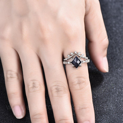 Unique kite shaped blue sandstone engagement ring set 14k white gold silver vintge moissanite ring antique leaf flower opal ring for women