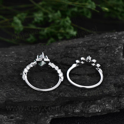 Unique vintage kite shaped green moss agate engagement ring set 14k white gold silver leaf flower art deco moissanite opal ring for women
