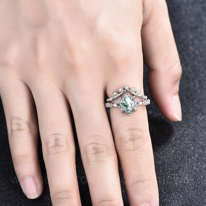 Unique vintage kite shaped green moss agate engagement ring set 14k white gold silver leaf flower art deco moissanite opal ring for women