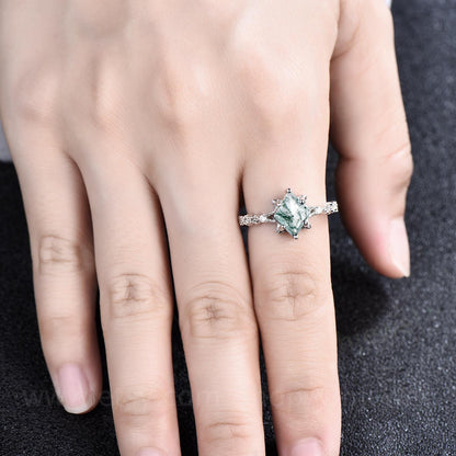 Unique vintage kite shaped green moss agate engagement ring set 14k white gold silver leaf flower art deco moissanite opal ring for women