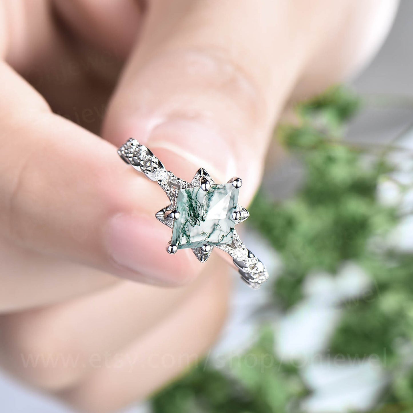 Unique vintage kite shaped green moss agate engagement ring set 14k white gold silver leaf flower art deco moissanite opal ring for women