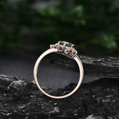 Vintage 7mm Hexagon cut green moss agate engagement ring rose gold marquise unique cluster engagement ring alexandrite diamond ring women