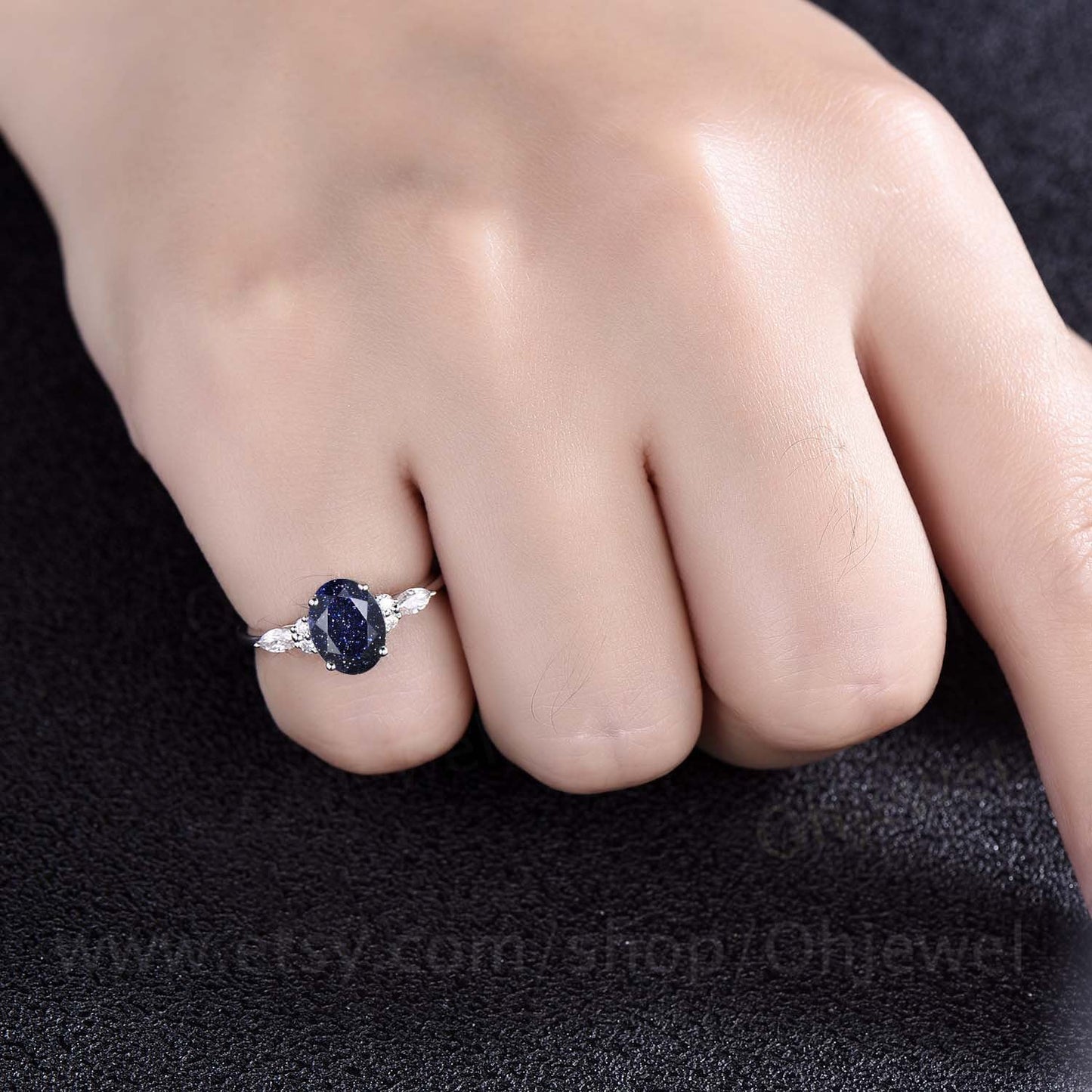 Unique oval cut blue sandstone engagement ring set 14k rose gold black diamond ring set marquise ring set 7 stone ring bridal ring set women