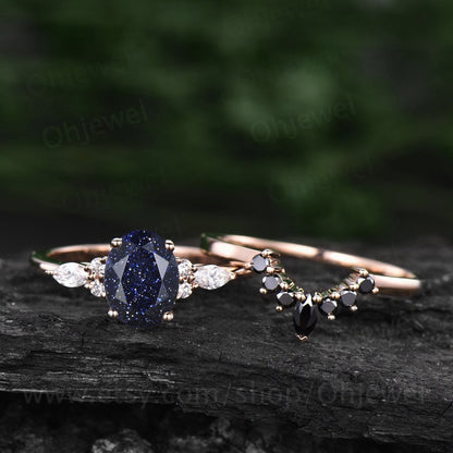 Unique oval cut blue sandstone engagement ring set 14k rose gold black diamond ring set marquise ring set 7 stone ring bridal ring set women