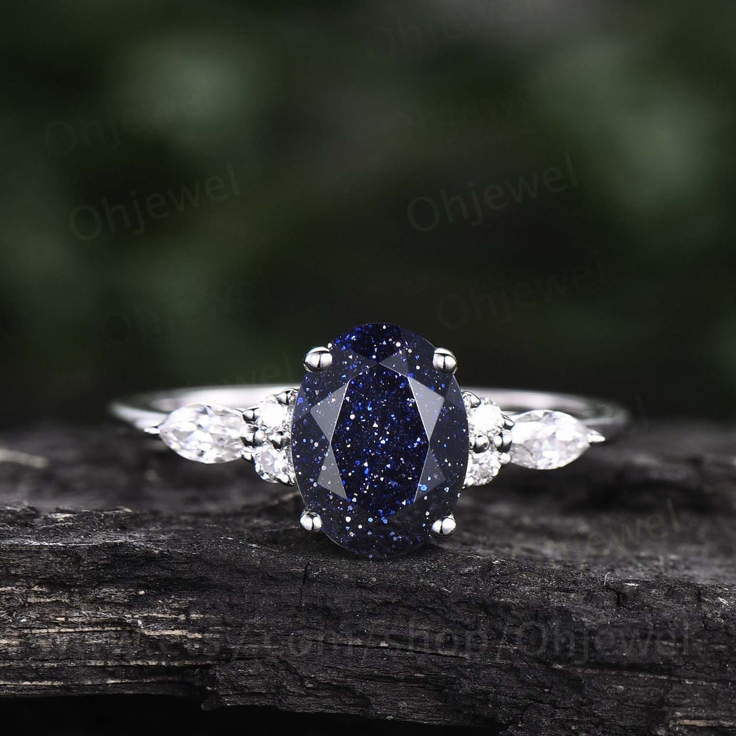 Unique oval cut blue sandstone engagement ring set 14k rose gold black diamond ring set marquise ring set 7 stone ring bridal ring set women