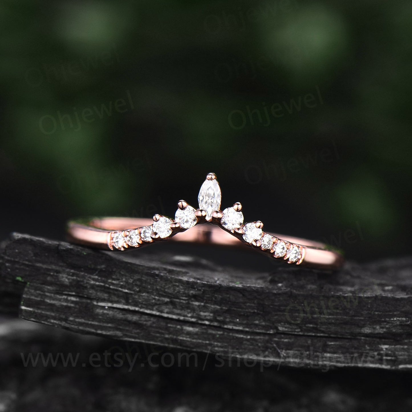 Art deco diamond wedding band 14k rose gold marquise cut moissanite wedding ring band dainty ring unique bridal anniversary ring for women