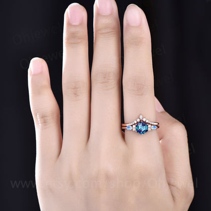 Hexagon Alexandrite engagement ring rose gold vintage unique marquise moonstone engagement ring art deco moissanite wedding ring for women