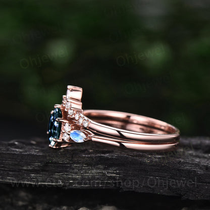 Hexagon Alexandrite engagement ring rose gold vintage unique marquise moonstone engagement ring art deco moissanite wedding ring for women