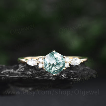 7mm Hexagon cut green moss agate engagement ring white gold 6 prong marquise unique engagement ring for women vintage diamond wedding ring