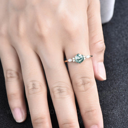 7mm Hexagon cut green moss agate engagement ring white gold 6 prong marquise unique engagement ring for women vintage diamond wedding ring
