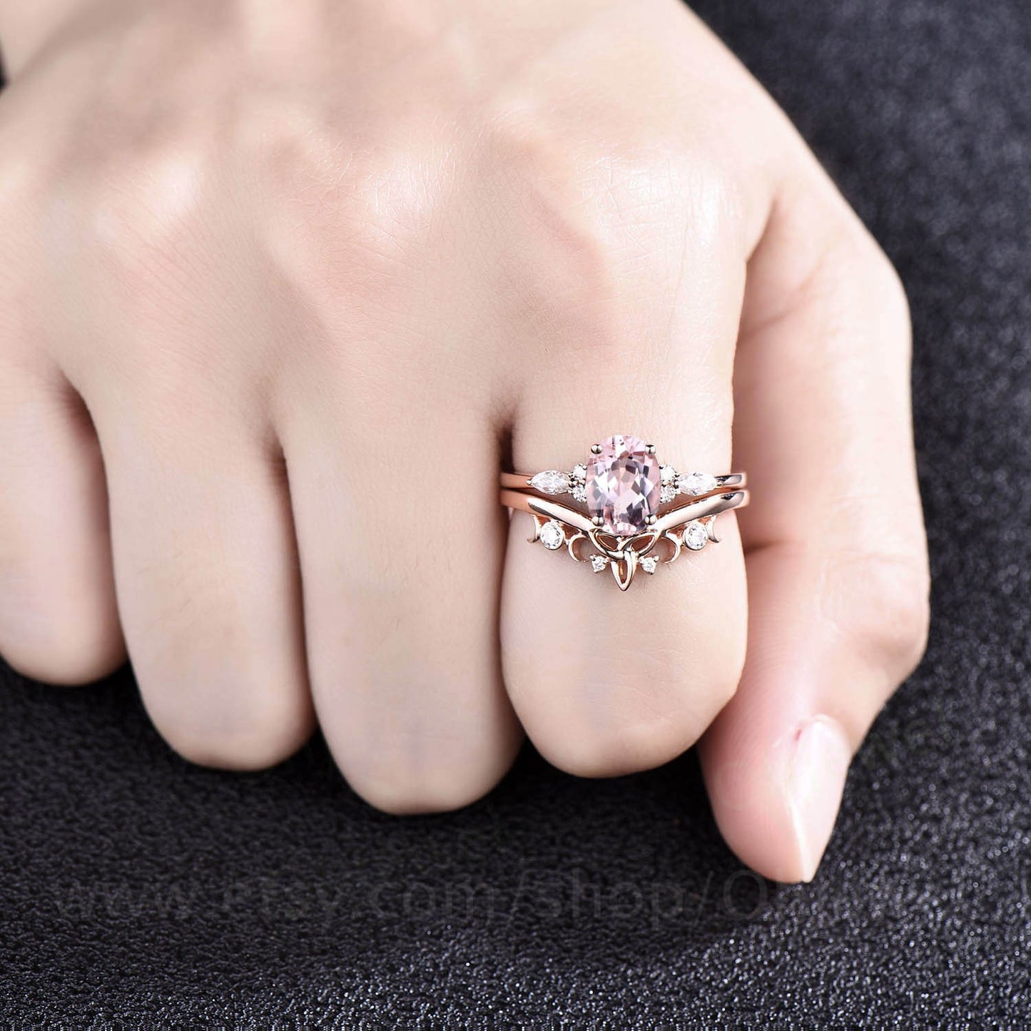 Unique wedding ring set vintage pink morganite engagement ring set rose gold oval cut ring moissanite ring women norse viking ring Jewelry