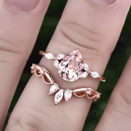 Unique pear shaped pink morganite engagement ring set rose gold flower dainty crown art deco moissanite ring set vintage bridal set women