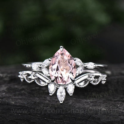 Unique pear shaped pink morganite engagement ring set rose gold flower dainty crown art deco moissanite ring set vintage bridal set women