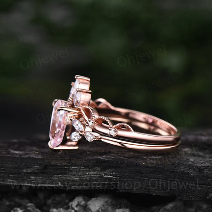 Unique pear shaped pink morganite engagement ring set rose gold flower dainty crown art deco moissanite ring set vintage bridal set women