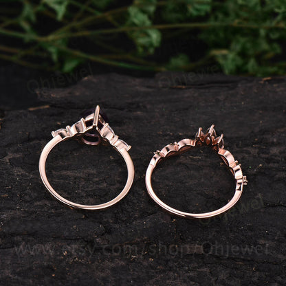 Unique pear shaped pink morganite engagement ring set rose gold flower dainty crown art deco moissanite ring set vintage bridal set women