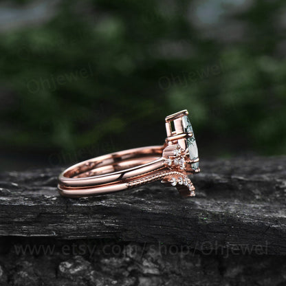 Green moss agate engagement ring set kite cut ring rose gold vintage unique snowdrift engagement ring diamond bridal wedding ring for women
