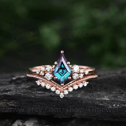 Alexandrite engagement ring set kite cut ring 14k rose gold vintage unique snowdrift engagement ring diamond bridal wedding ring for women