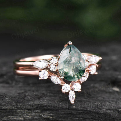 Vintage pear shaped green moss agate ring white gold engagement ring set for women marquise cut diamond ring set curved wedding ring band