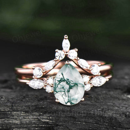 Vintage pear shaped green moss agate ring white gold engagement ring set for women marquise cut diamond ring set curved wedding ring band