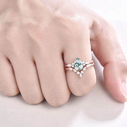 Vintage pear shaped green moss agate ring white gold engagement ring set for women marquise cut diamond ring set curved wedding ring band