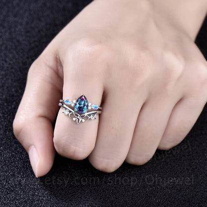 Unique pear shaped Alexandrite engagement ring set art deco vintage moonstone ring rose gold silver dainty moissanite wedding ring set women