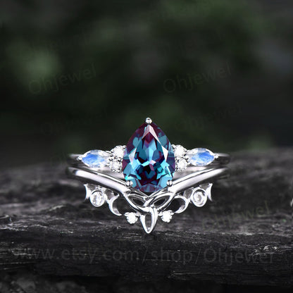 Unique pear shaped Alexandrite engagement ring set art deco vintage moonstone ring rose gold silver dainty moissanite wedding ring set women
