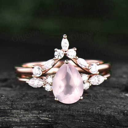 Pear shaped rose quartz engagement ring set 14k rose gold silver art deco unique vintage engagement ring moissanite promise ring set women