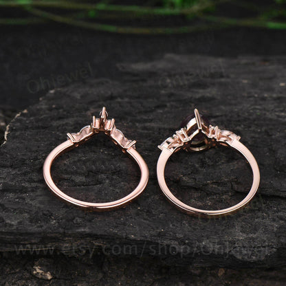 Pear shaped rose quartz engagement ring set 14k rose gold silver art deco unique vintage engagement ring moissanite promise ring set women