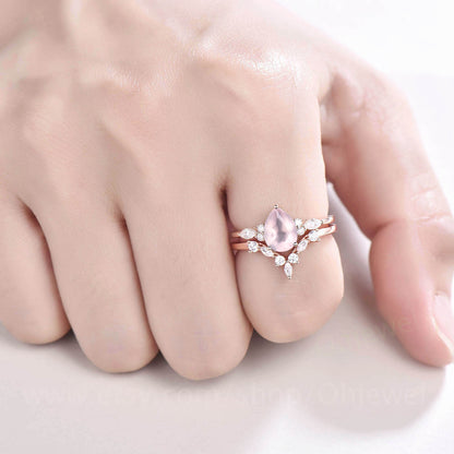 Pear shaped rose quartz engagement ring set 14k rose gold silver art deco unique vintage engagement ring moissanite promise ring set women