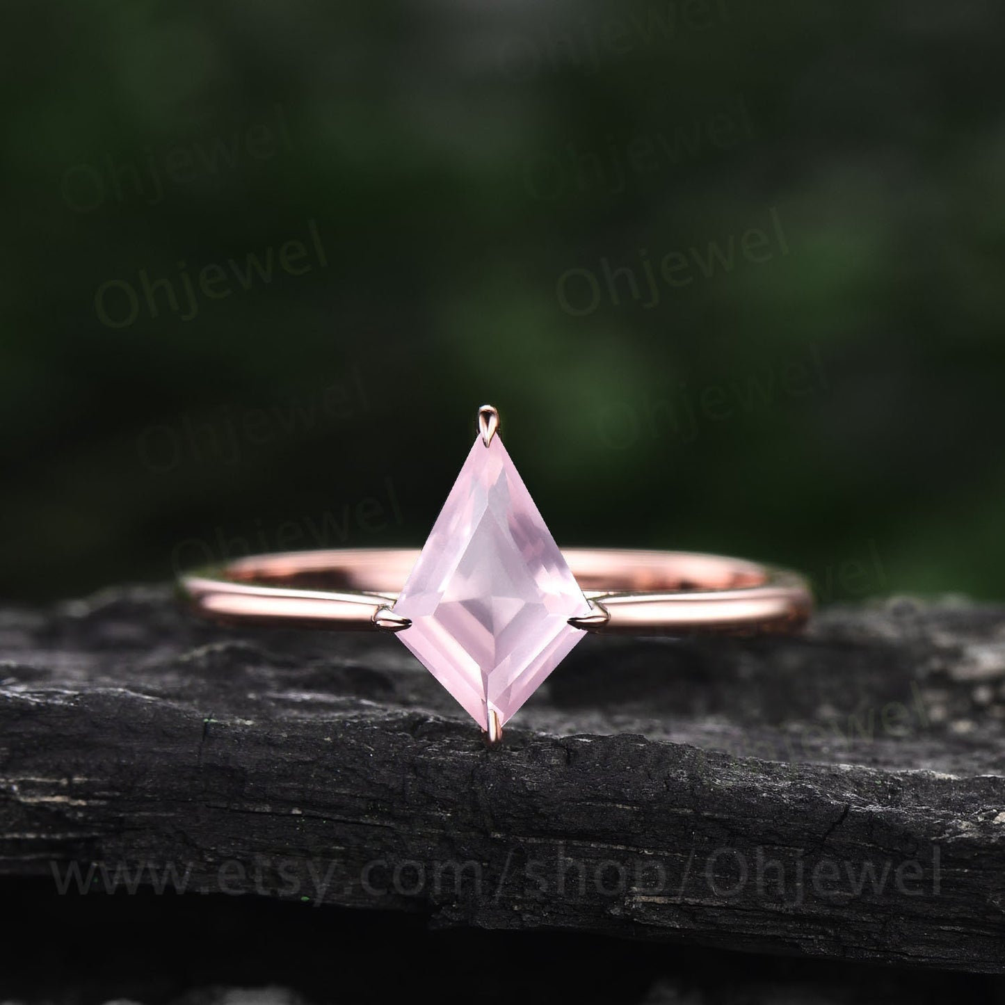 Kite cut rose quartz ring for women vintage unique solitaire rose quartz engagement ring set 14k rose gold silver moissanite bridal ring set