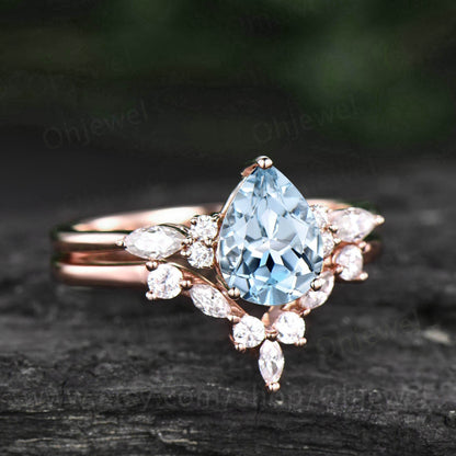 Pear shaped aquamarine ring gold silver for women vintage unique aquamarine engagement ring set art deco moissanite ring 14k rose gold ring