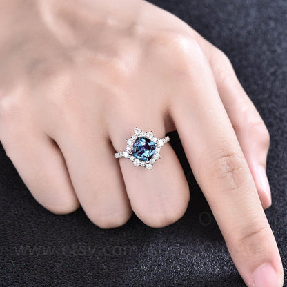 Alexandrite ring Cushion cut alexandrite engagement ring set halo unique rose gold engagement ring women promise bridal wedding ring women