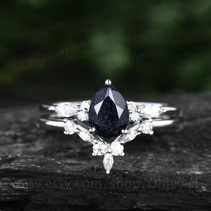Pear shaped blue sandstone engagement ring set 14k rose gold vintage unique engagement ring moissanite ring set for women wedding ring set