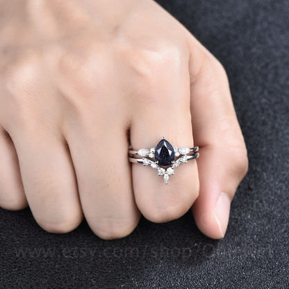 Pear shaped blue sandstone engagement ring set 14k rose gold vintage unique engagement ring moissanite ring set for women wedding ring set