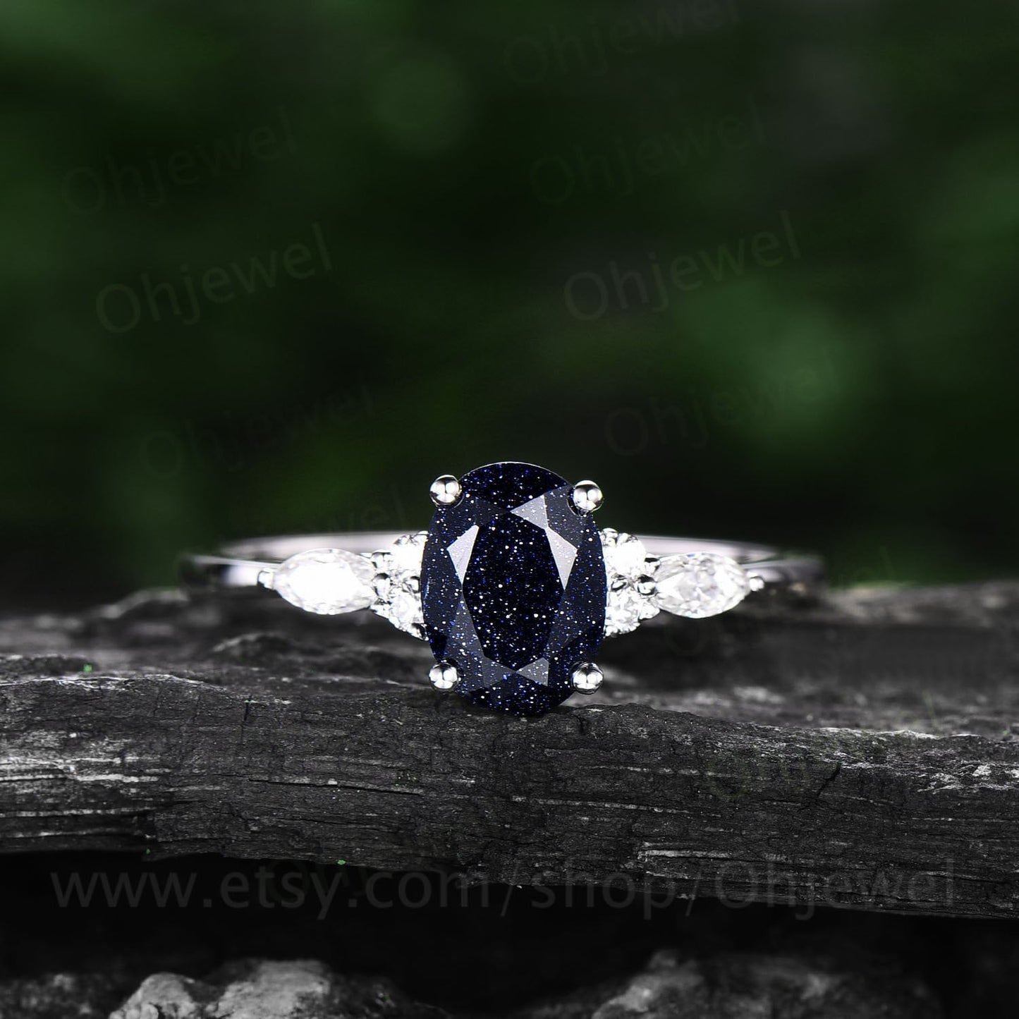 Oval blue sandstone engagement ring set 14k rose gold Galaxy vintage unique engagement ring moissanite ring for women Norse Viking Jewelry
