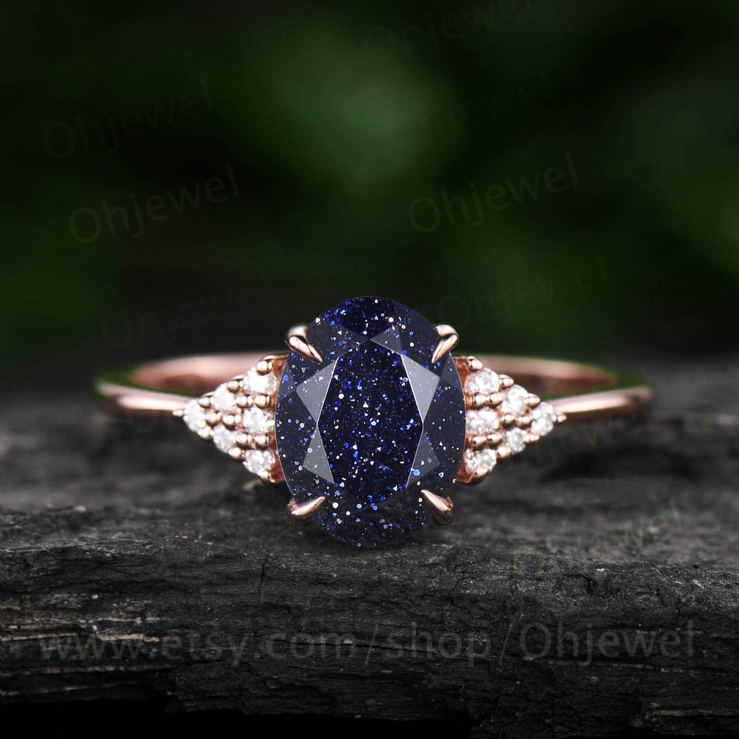 Oval blue sandstone engagement ring set 14k rose gold Galaxy vintage unique  engagement ring moissanite ring for women Norse Viking Jewelry