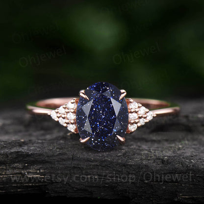 Vintage oval cut blue sandstone engagement ring 14k rose gold 925 sterling silver ring antique moissanite promise wedding ring for women