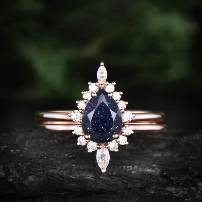 Pear shaped blue sandstone ring gold silver vintage unique engagement ring set art deco halo moissanite ring set wedding ring set for women
