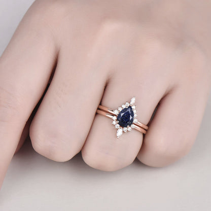 Pear shaped blue sandstone ring gold silver vintage unique engagement ring set art deco halo moissanite ring set wedding ring set for women