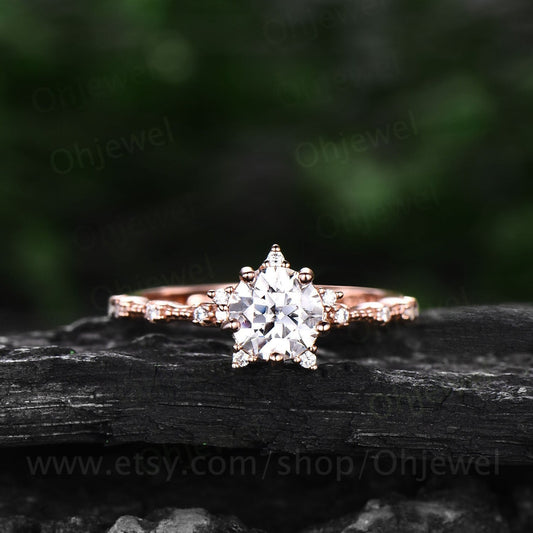 Unique 1ct round cut moissanite engagement ring art deco rose gold vintage style diamond ring for women antique jewelry dainty wedding ring