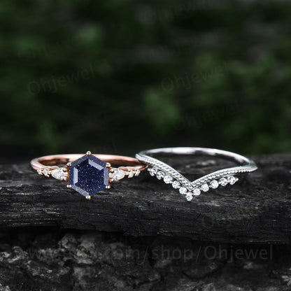 Hexagon cut blue sandstone ring vintage unique blue sandstone engagement ring set 14k rose gold dainty moissanite wedding ring set for women